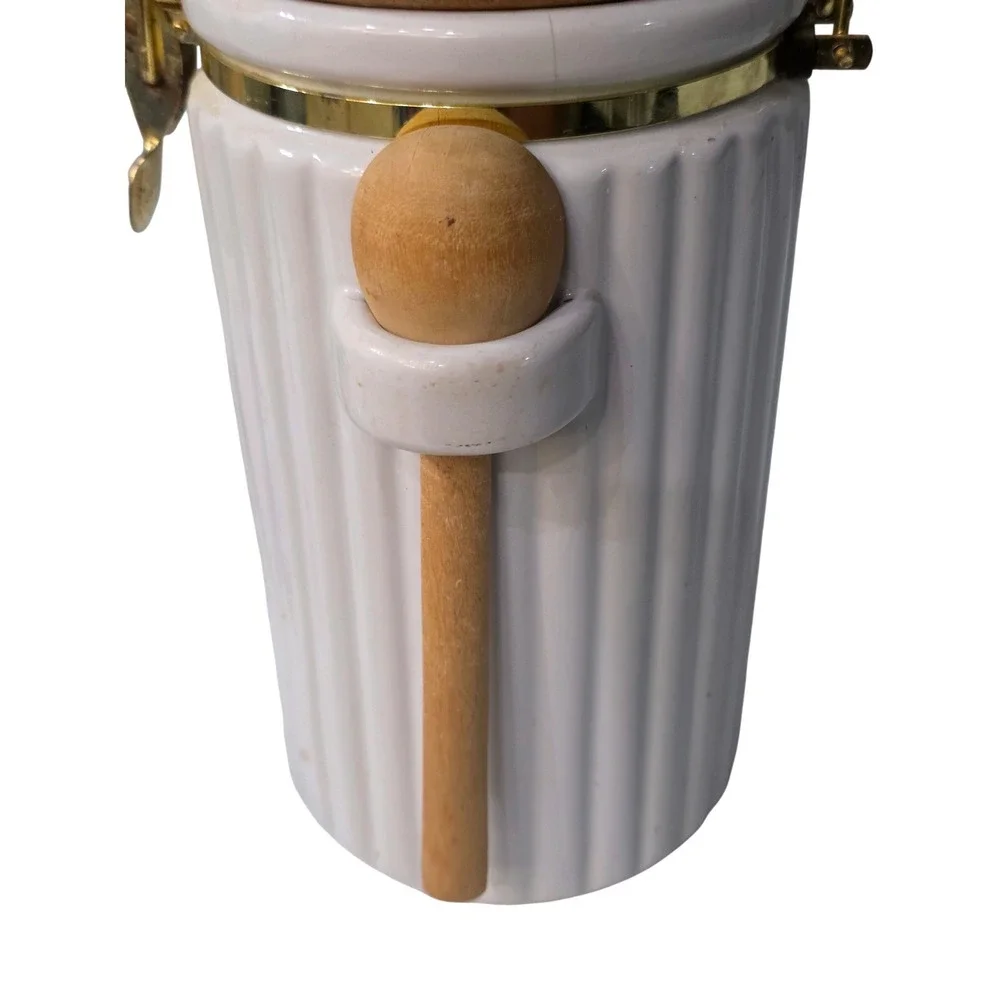 White Jar Ceramic Kitchen Canister with Wood Lid and Scoop Gold Clasp